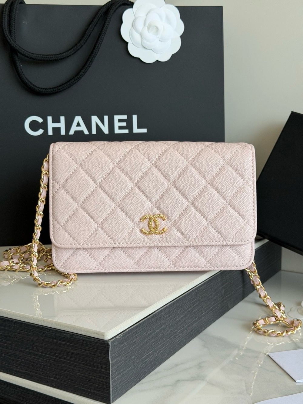 CHANEL Quilted Crossbody Bag in Blush Pink with Gold Hardware